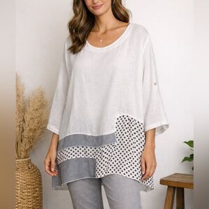 Puro Lino Italy White Linen Polka Dot Asymmetrical Tunic Top Size XL